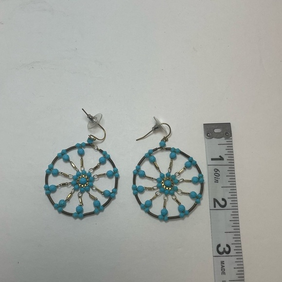 Round Pendant Dreamcatcher Earrings Turquoise And Gold Tone - Picture 3 of 7